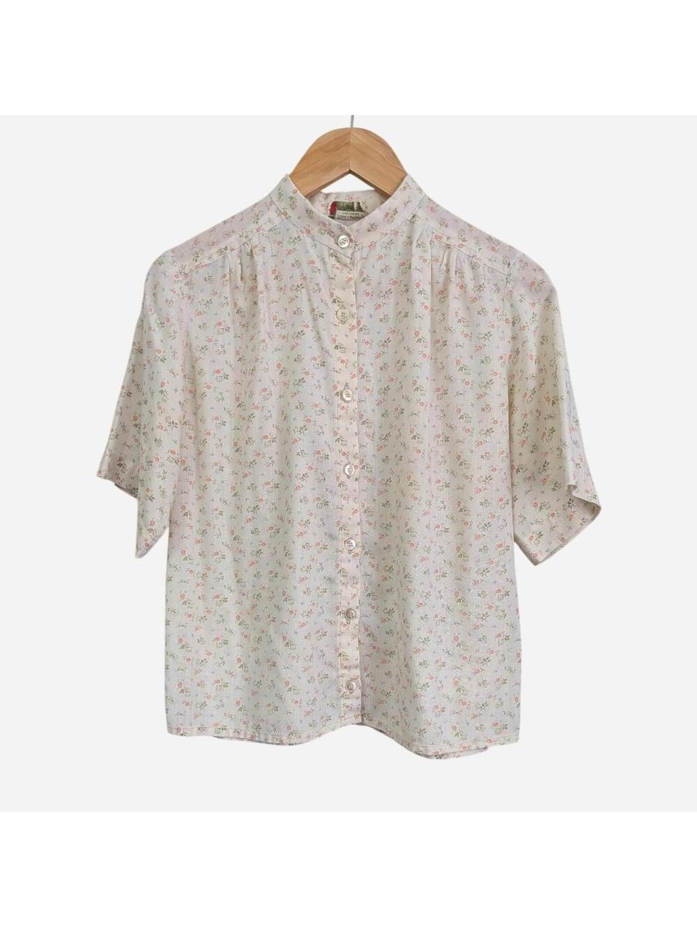 1970s Handmade Cream Ditsy Rose Print Band Collar Button Front Blouse Medium
